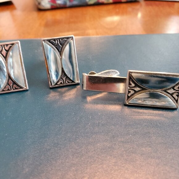 VTG Cufflinks & Tie Clip Silver Abalone Shell? Blue Grey 26 Grams Art Deco - Picture 1 of 10